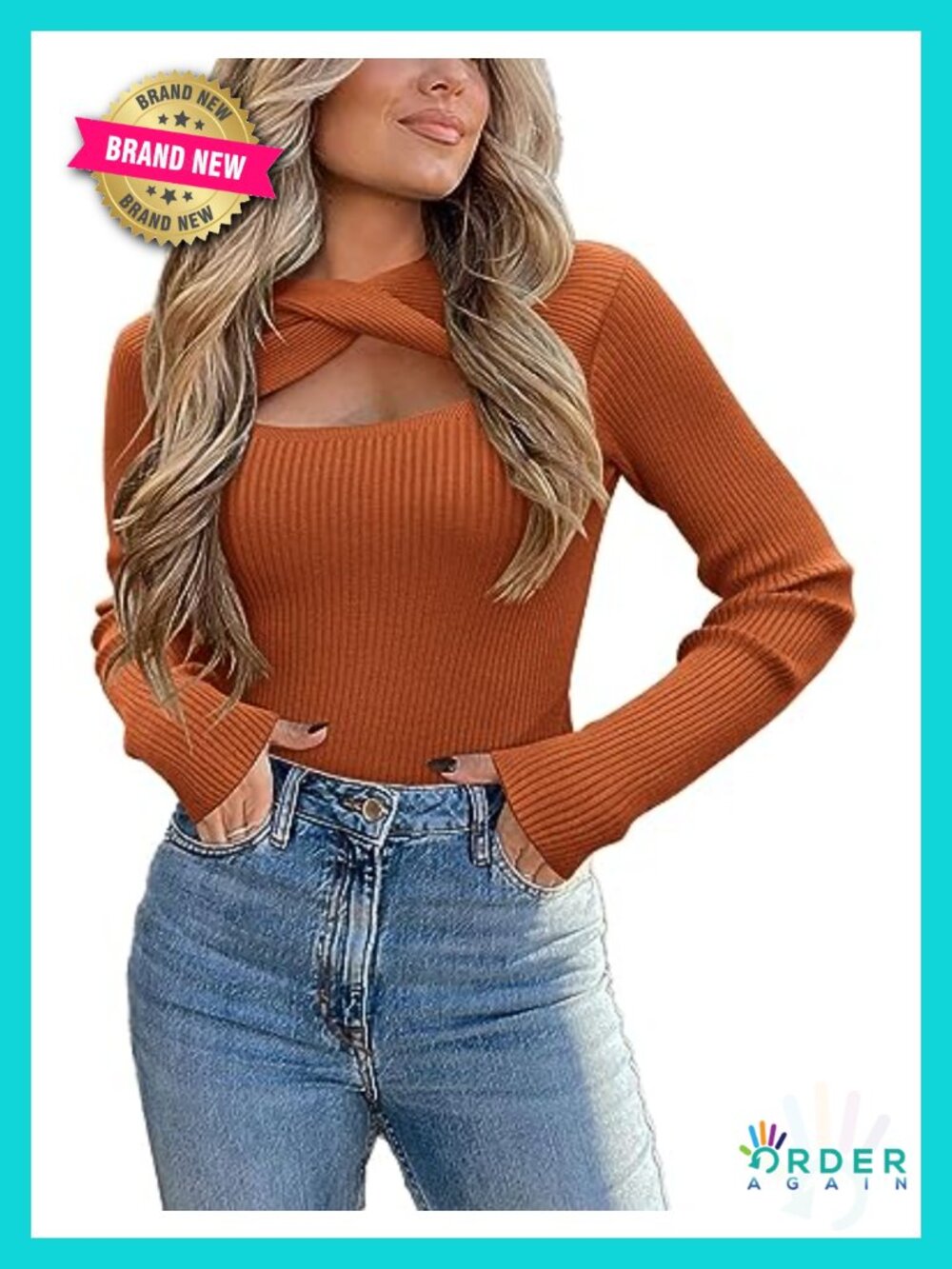 Knit Long Sleeve Cutout Pullover Sweater Slim Fit Crew Neck Lightweight